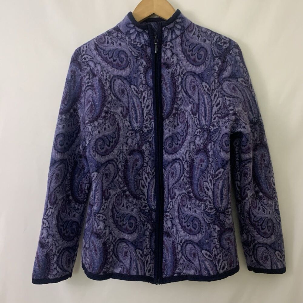 Pendleton Long Sleeve Zip Front Purple Paisley Wool Cardigan Sweater XL FLAW